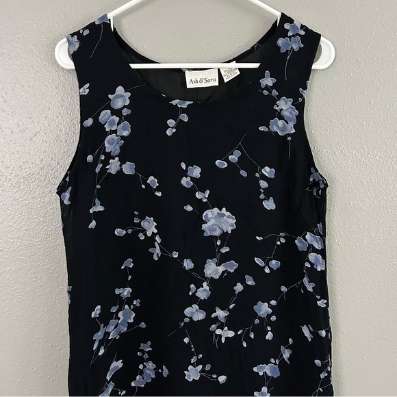 Vintage Ash & Sara Black Blue Floral Midi Dress Size S 90s Sleeveless Flowy - Picture 2 of 8